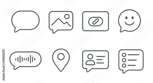 Line style icons of message types: plain text bubble, image message icon, link preview card, reaction sticker, voice memo tag, location share icon, contact card bubble, poll message icon.