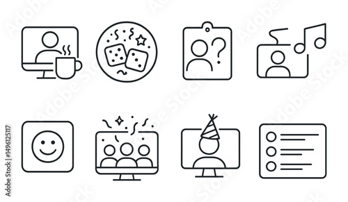 Line style icons of fun in calls: virtual coffee icon, end-of-week games badge, icebreaker question tag, shared playlist symbol, random emoji button, team celebration screen, birthday hat overlay,