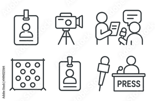 Line style icons of press and media at exhibitions: press badge icon, camera crew setup, reporter notepad bubble, interview on site icon, event media wall, photo booth tag, microphone badge, event