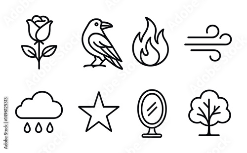 Line style icons of poetic symbols: rose = love icon, raven = mystery symbol, flame = desire tag, wind = change badge, rain = sorrow icon, star = hope tag, mirror = truth symbol, tree = growth.