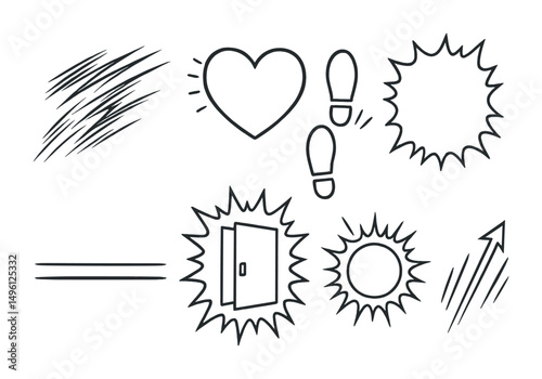 Line style icons of manga sound effects: “ZAA!” wind stroke, “DOKI” heart beat bubble, “GAAAH!” scream panel, footstep katakana, silent pause line, door slam symbol, shock ring effect, rising tension