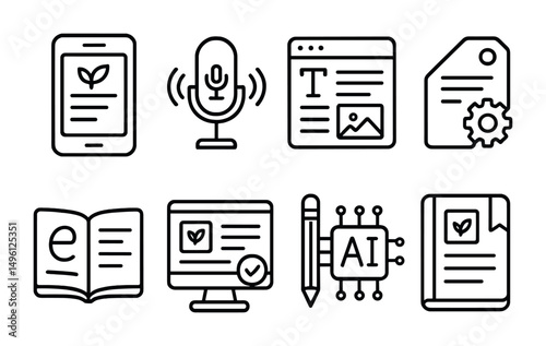 Line style icons of digital poetry tools: poem-writing app icon, voice-to-text badge, digital layout editor, poetry generator tag, e-poem format symbol, blog publish icon, edit with AI tool, virtual