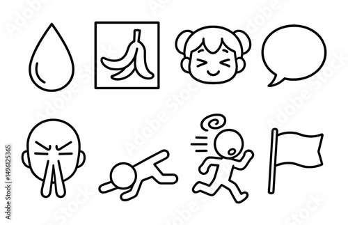 Line style icons of comedy manga symbols: sweat drop gag, banana slip panel, super deformed face, joke caption balloon, nosebleed reaction, falling flat outline, panic run swirl, sarcasm flag tag.