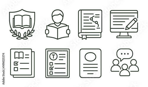 Line style icons of literature in education: literature class badge, student reading book, textbook with annotations, essay writing screen, reading list sheet, quiz on theme icon, literary terms card