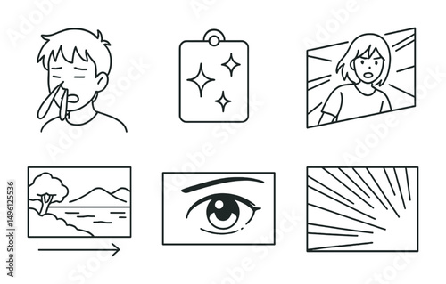Line style icons of anime visual cues: nosebleed gag icon, sparkly background tag, dramatic camera tilt, slow pan scene, zoom-in on eye, white screen flash, fade to black, speed line panel.