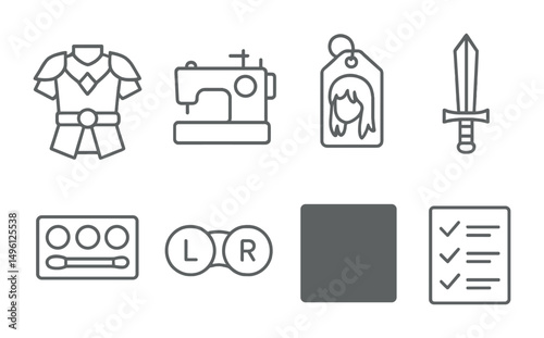 Line style icons of cosplay essentials: character costume icon, sewing machine badge, cosplay wig tag, prop weapon symbol, makeup palette for cosplay, contact lens case, character reference sheet,