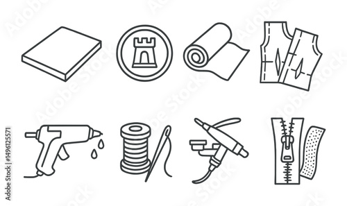Line style icons of cosplay materials: EVA foam sheet, Worbla thermoplastic badge, fabric roll icon, sewing patterns stack, hot glue gun symbol, thread and needle, airbrush tool, zipper and velcro.