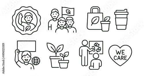 Line style icons of community and climate care: green volunteer sticker, join local eco group flyer, event “bring your own” icon, student-led climate walk card, help your dorm grow patch, peer teach