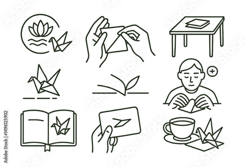 Line style icons of mindful origami practice: fold + breathe symbol, slow hands with paper, quiet table with paper stack, focused folding with calm icon, peaceful crease line, journal + origami page,