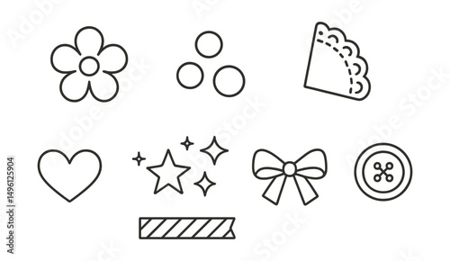 Line style icons of embellishment types: flat paper flower, resin dot trio, paper doily slice, enamel heart icon, glitter star cluster, washi tape strip, ribbon bow shape, button with thread.