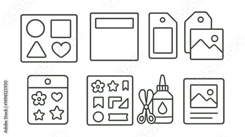 Line style icons of beginner scrapbooking elements: basic shapes die-cut, simple title card, one-photo page layout, tag + photo combo, small embellishment set, sticker sheet starter, safe scissors +