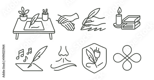 Line style icons of mindful calligraphy moments: calm desk setup, hands resting with pen, focused writing scene, candle and paper tray, calligraphy with music notes, deep breath stroke, unplug and