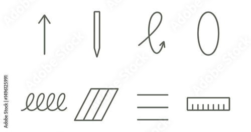 Line style icons of stroke and letter practice: thin upstroke arrow, thick downstroke line, entry + exit stroke combo, oval shape practice, loop pattern row, slanted guideline grid, baseline +