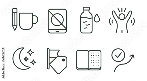 Line style icons of visual habits and routines: pencil and cup icon, screen-free block, drink water sketch, stretch + breathe reminder, consistent sleep stars, journal every morning tag, one page per