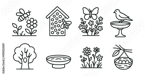 Line style icons of biodiversity in the city: pollinator path, bee hotel, butterfly bush, bird bath, tree cavity icon, water dish station, wildflower mix plot, nesting zone.
