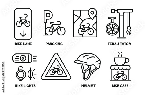 Line style icons of bike-friendly cities: bike lane marker, parking post icon, pedal zone map, repair station icon, bike lights kit, ride safety sign, commuter helmet, bike cafe hub.