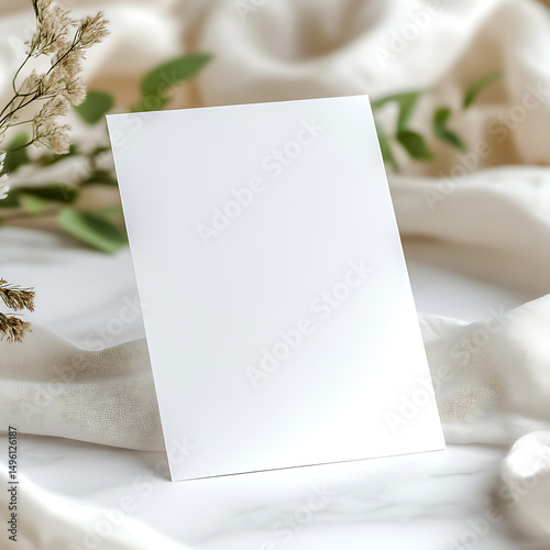 blank white card framed with spring blossoms and green leaves on silk background for custom design card, wedding card, invitation card, thank you card, empty card, save the date