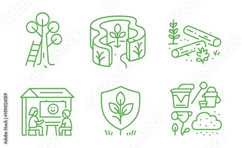 Line style icons of green play spaces: climbing tree zone, nature maze icon, log balance path, edible garden corner, outdoor classroom, child-safe plant badge, wild play kit, soft ground cover.