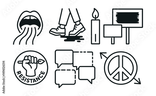 Line style icons of activist visual culture: open mouth with color lines, marching feet with paint trail, candle and poster pair, protest sign in brush stroke, art as resistance badge, patchwork of
