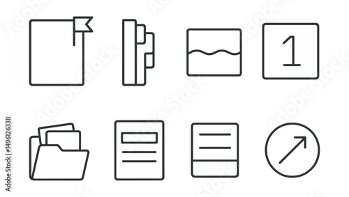 Line style icons of note organization symbols: tabs and flags sheet, color-coded index mark, section divider wave, numbered box icon, folder of note pages, title + topic stripe, cross-link arrow,