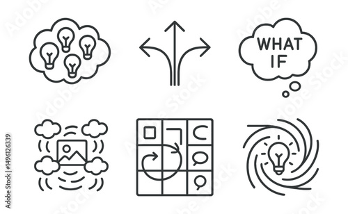 Line style icons of visual brainstorming methods: idea cloud cluster, divergent arrow lines, crazy 8s sketch set, “what if” bubble, grid of fast thoughts, metaphor map panel, image storm flow, visual
