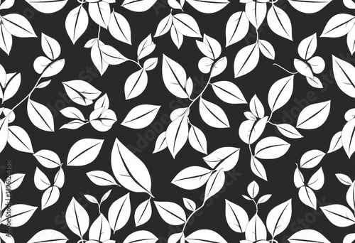 Monochrome vector leaf pattern; elegant, geometric, floral, seamless, background, contemporary, stylish, ornament, decorative, leaves, petals, elegant, background