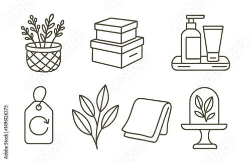Line style icons of natural and eco displays: basket with dried flowers, kraft paper box stack, jute string packaging, wooden tray with products, recycled tag sign, leaves as decor, simple cotton