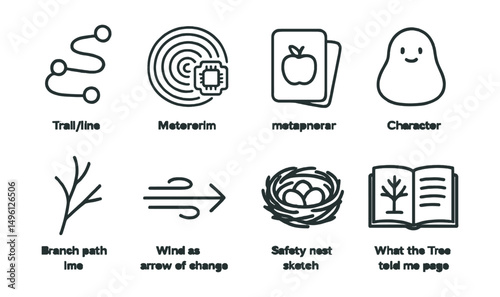 Line style icons of nature and storymaking: trail as timeline, tree ring with memory icon, object as metaphor card, stone as character, branch as path line, wind as change arrow, nest as safety