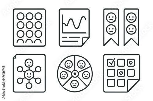 Line style icons of visual mood libraries: page of emotional colors, mood and motion line chart, library of faces and symbols, emotion bookmark set, personal feeling map, “today I am…” wheel,