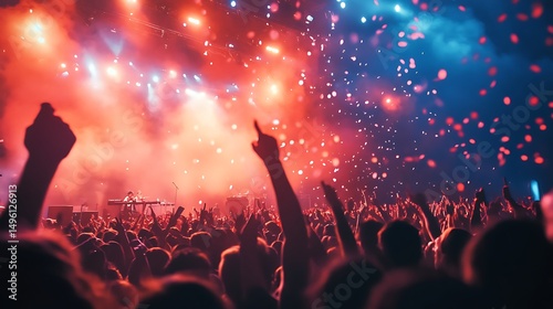 Enthusiastic crowd cheering at a vibrant concert.