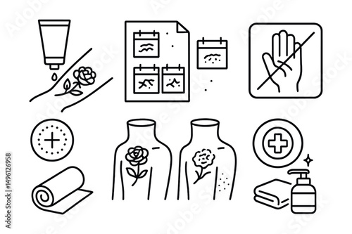 Line style icons of tattoo care and healing: cream + skin icon, day-by-day skin sheet, “don’t scratch” card, clean and cover badge, redness tracker, wrap symbol, healed vs fresh sketch, soap and