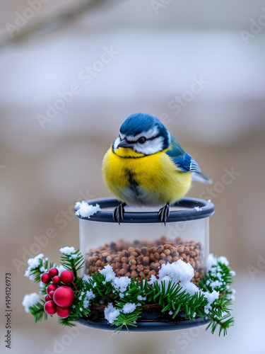 a blue tit, cyanistes caeruleus, on a bird feeder with christmassy decoration in the garden at a wintry december day
