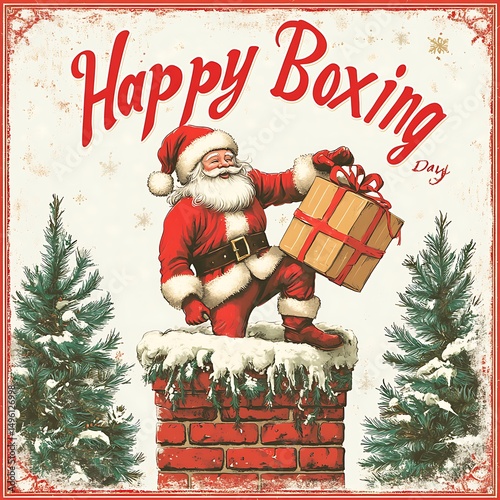 Santa claus on a chimney with a gift box on happy boxing day.