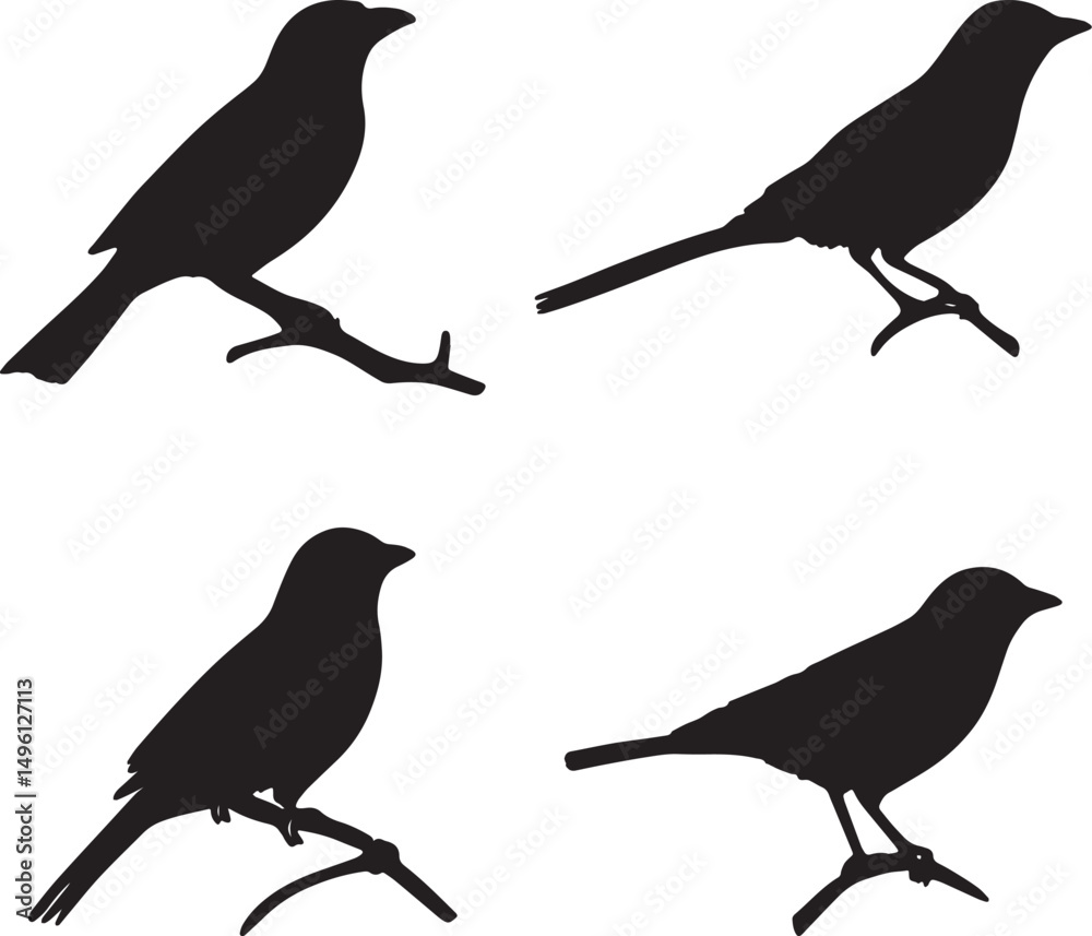 Obraz premium This artwork is digitally enhanced using AI and manually edited for quality. A set of four bird silhouettes perched on tree branches.