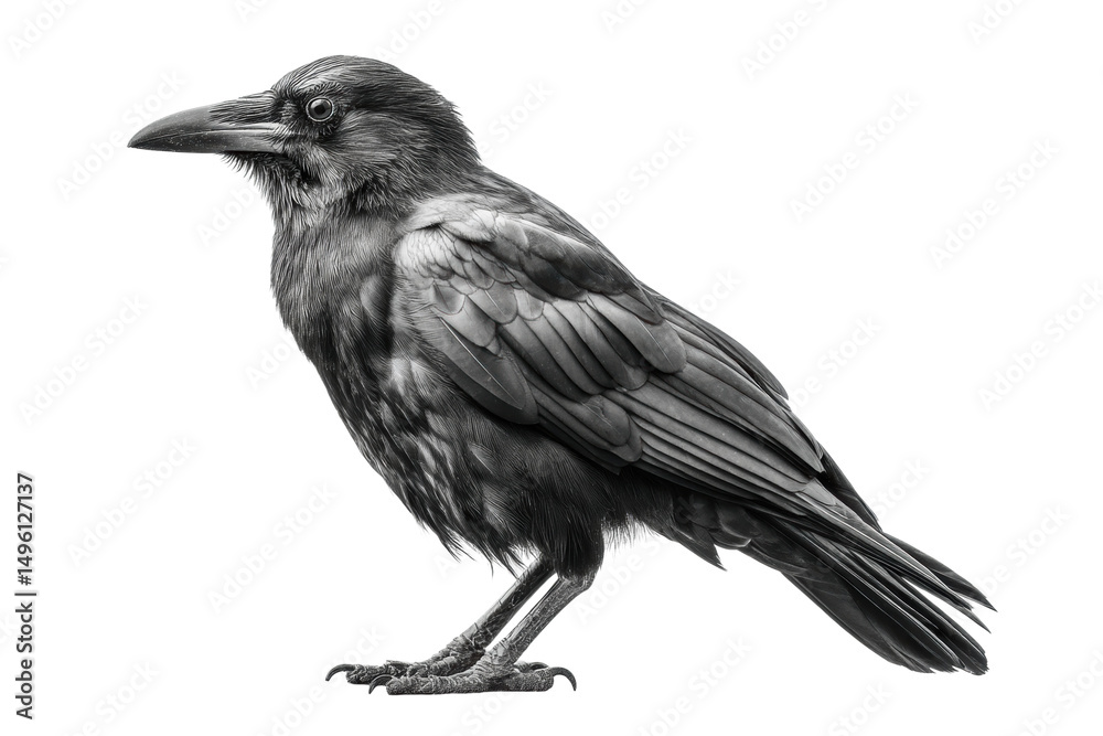 Obraz premium PNG Detailed side profile of a raven in black and white photography