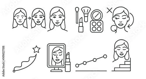 Line style icons of makeup transformation journeys: bare face → glam transition, step-by-step look icon, practice and evolve badge, try-fail-redo sketch, growth in technique path, reflection +