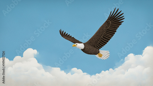 Bald eagle soaring in blue sky above clouds illustration