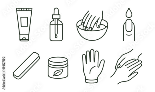 Line style icons of nail care and prep: hand cream tube, nail oil bottle, hand soak bowl, cuticle softener icon, buffer for shine, nail strengthener jar, hydration glove, hand massage sketch.