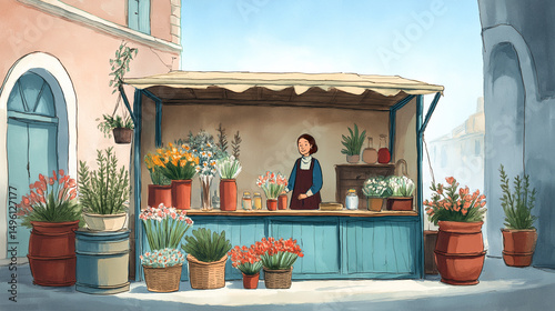 Woman selling flowers at colorful market stall illustration