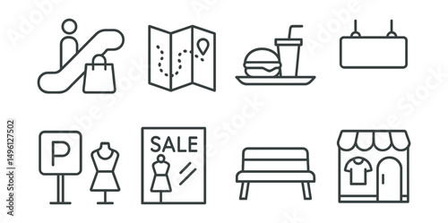 Line style icons of shopping in malls: escalator with bag icon, shopping map, food court tray, mall signboard, parking icon, sale window display, shopping bench, clothing store front.