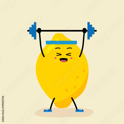 Barbell, Dumbbells. A cute, strong Lemon. The concept of classes in the gym with the image of Lemon, health, fitness. Vector illustration in flat style.