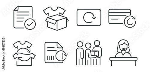 Line style icons of shopping returns: return form icon, item + box, “30-day return” card, refund to card, exchange item, return label, queue with item, customer service desk.