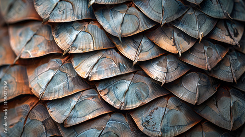 Close up of overlapping metallic scales in shades of blue gray and bronze creating a textured pattern