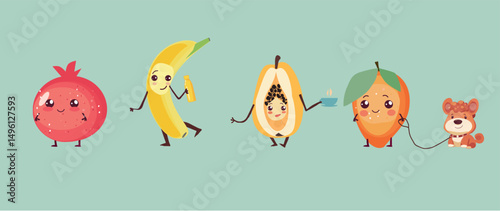  Cute groovy fruit characters. Funny cartoon mascot of  pomegranate,banana,pear,mango with happy smile vector illustration