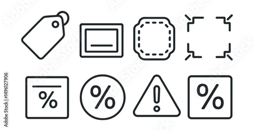 Line style icons of visual discount strategies: red tag icon, highlight box with price, dotted border sticker, blinking frame line, bold % in corner, oversized % bubble, flashing alert triangle,