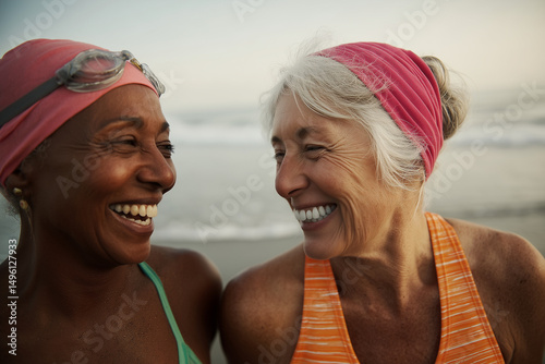 Two multi ethnic senior women wearing swimsuits and goggles are laughing together on the beach after swimming