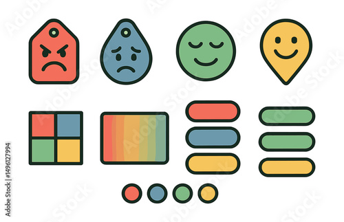 Line style icons of emotion color tags: red - anger icon, blue - sadness tag, green - calm badge, yellow - happy marker, color-coded emotion square, gradient mood palette, emotion labels by hue, dot