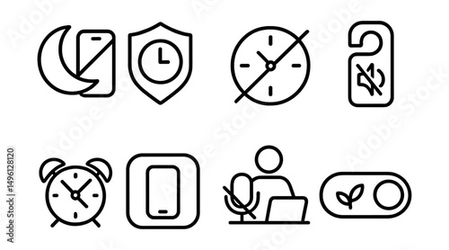 Line style icons of focus and quiet modes: moon + phone off icon, time block focus shield, do not disturb clock, noise-free zone tag, timer-based silence icon, one app at a time symbol, mute while