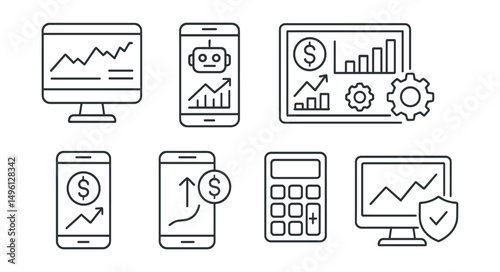 Line style icons of investment platforms: online broker screen, robo-advisor app, financial tools board, peer-to-peer lending page, app-based investing, mobile fund transfer, investing calculator