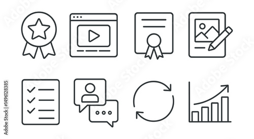 Line style icons of freelancer skill growth: new skill badge, online course screen, certificate of completion, portfolio update icon, practice task sheet, mentorship chat bubble, feedback loop,